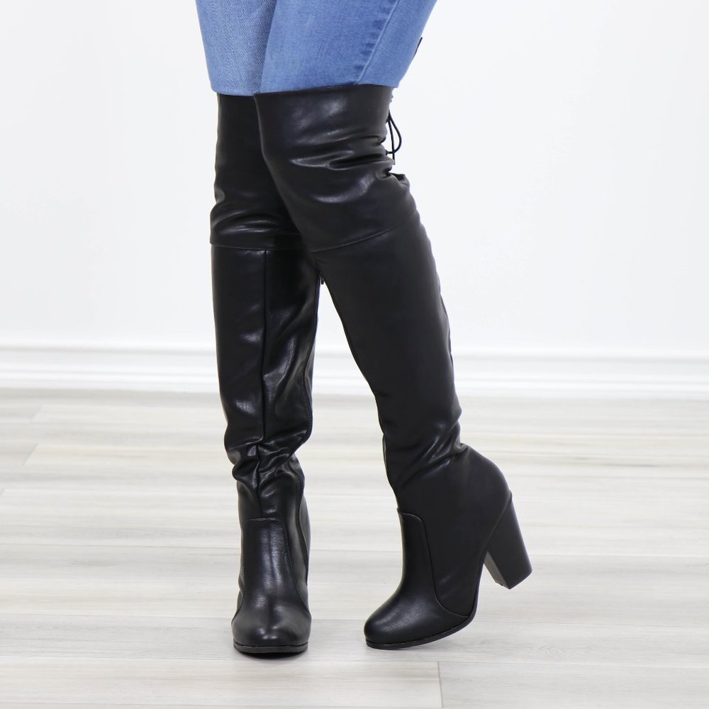 Restock Faux Leather Thigh High Boots Lace Up Back - Picture 12 of 16